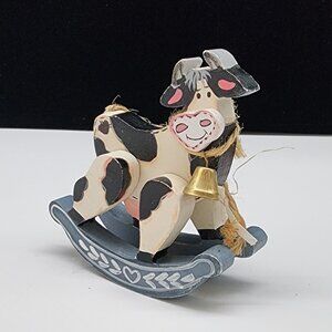 Wooden Rocking Jersey Cow With Bell Christmas Ornaments VTG 4" Tall